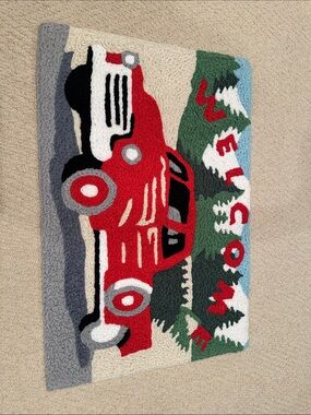 Red Vintage Truck Hooked Rug with Welcome Design